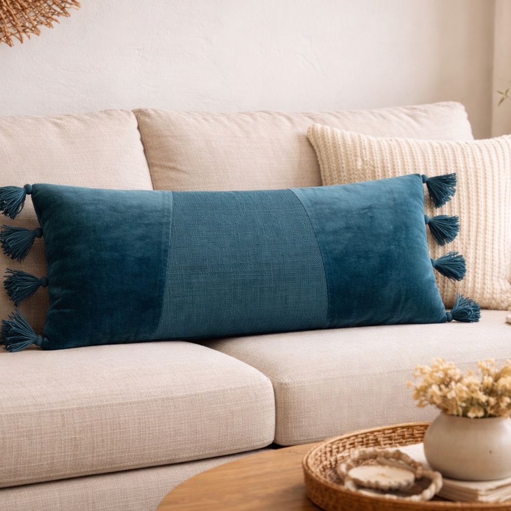 Birch Lane Legaspi Dark Teal Lumbar Pillow Tassel Cotton Velvet Decor